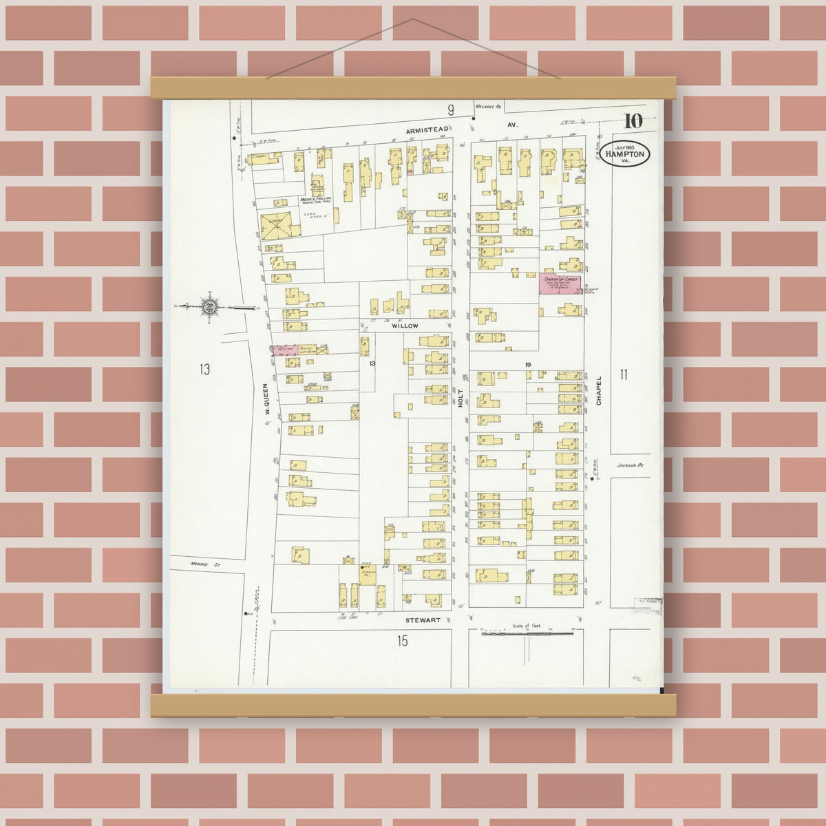 Old map wall art mockup — magnetic wood frame on brick wall — Sanborn Fire Insurance Map from Hampton, Independent Cities, Virginia (1910), Sheet #0010