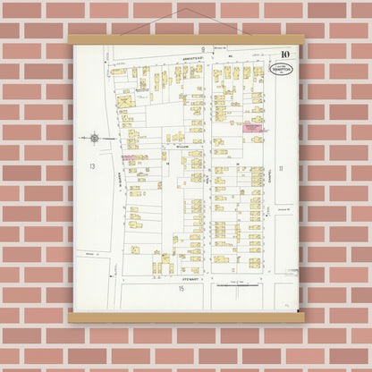 Old map wall art mockup — magnetic wood frame on brick wall — Sanborn Fire Insurance Map from Hampton, Independent Cities, Virginia (1910), Sheet #0010
