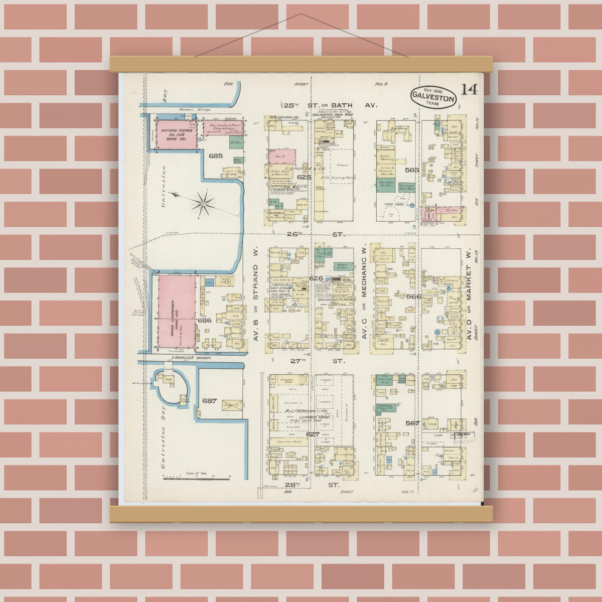 Old map wall art mockup — magnetic wood frame on brick wall — Sanborn Fire Insurance Map from Galveston, Galveston County, Texas (1885), Sheet #0014