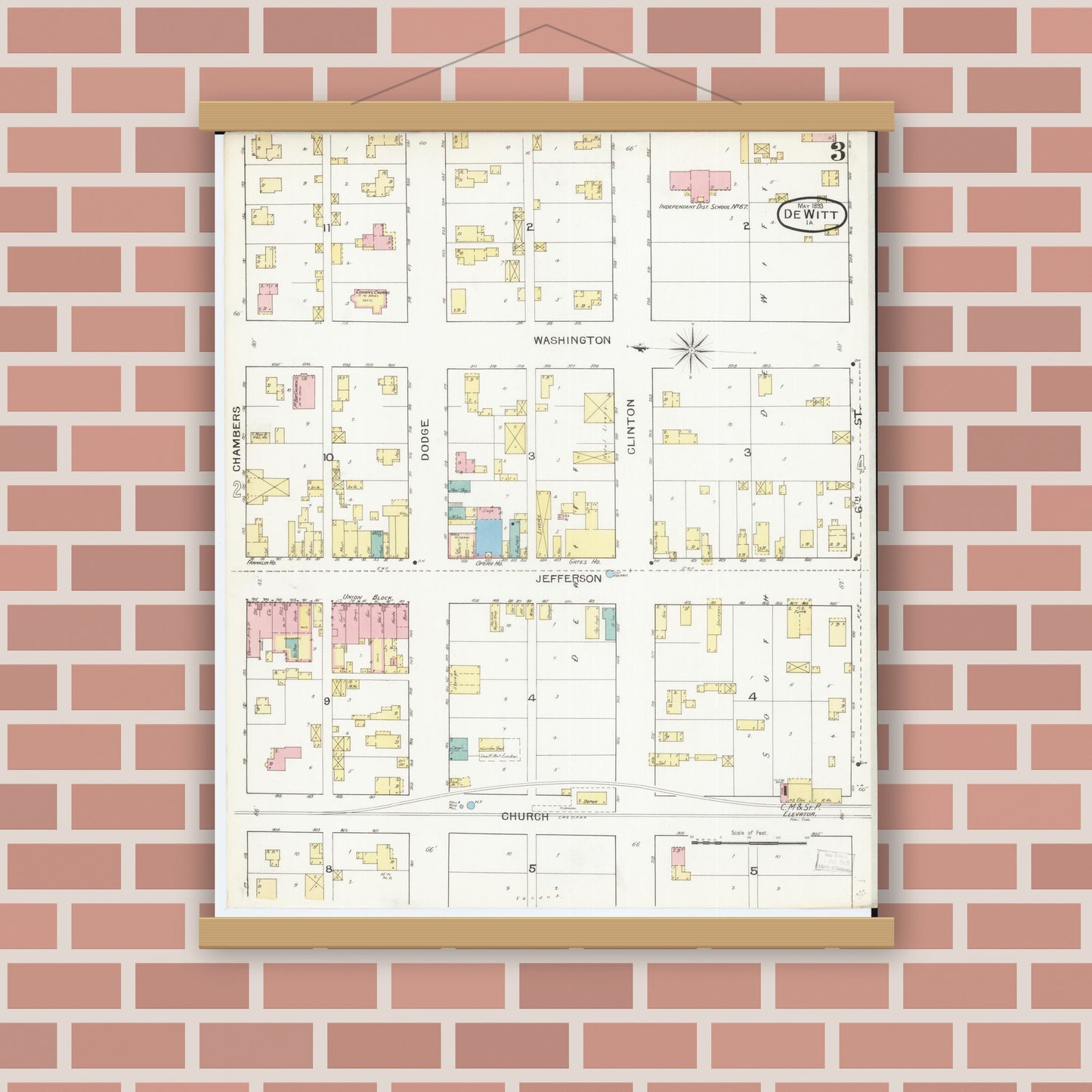 Old map wall art mockup — magnetic wood frame on brick wall — Sanborn Fire Insurance Map from De Witt, Clinton County, Iowa (1893), Sheet #0003