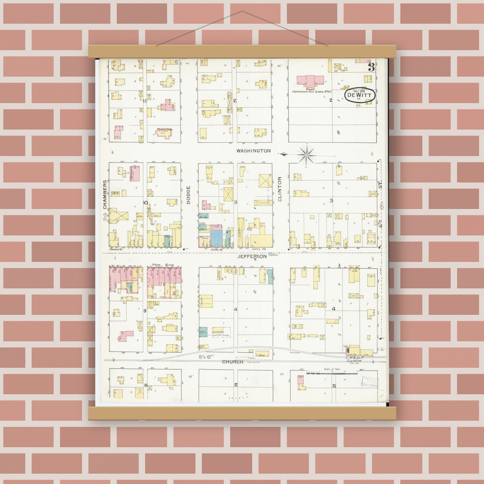 Old map wall art mockup — magnetic wood frame on brick wall — Sanborn Fire Insurance Map from De Witt, Clinton County, Iowa (1893), Sheet #0003