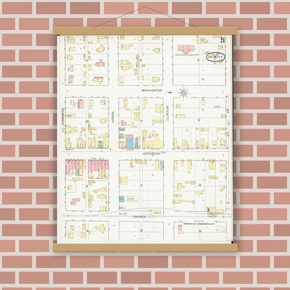 Old map wall art mockup — magnetic wood frame on brick wall — Sanborn Fire Insurance Map from De Witt, Clinton County, Iowa (1893), Sheet #0003