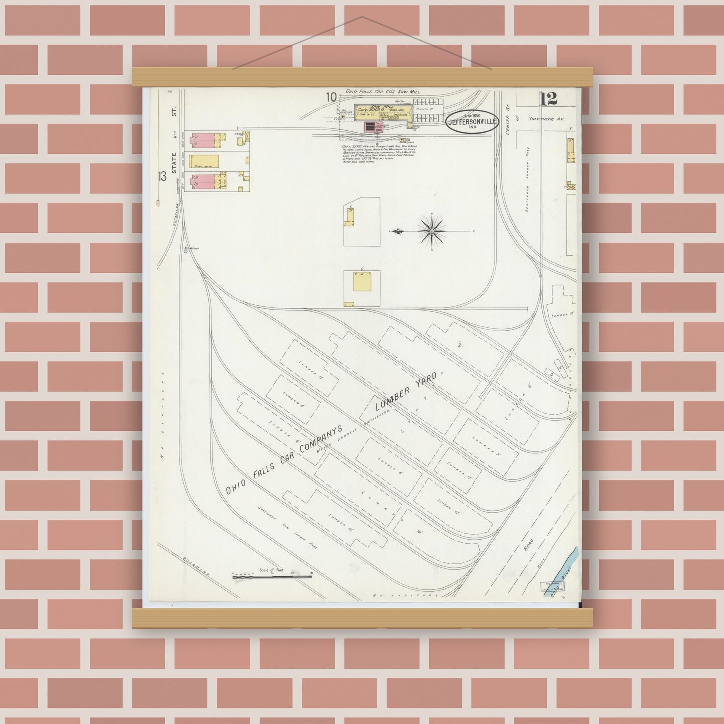 Old map wall art mockup — magnetic wood frame on brick wall — Sanborn Fire Insurance Map from Jeffersonville, Clark County, Indiana (1898), Sheet #0012