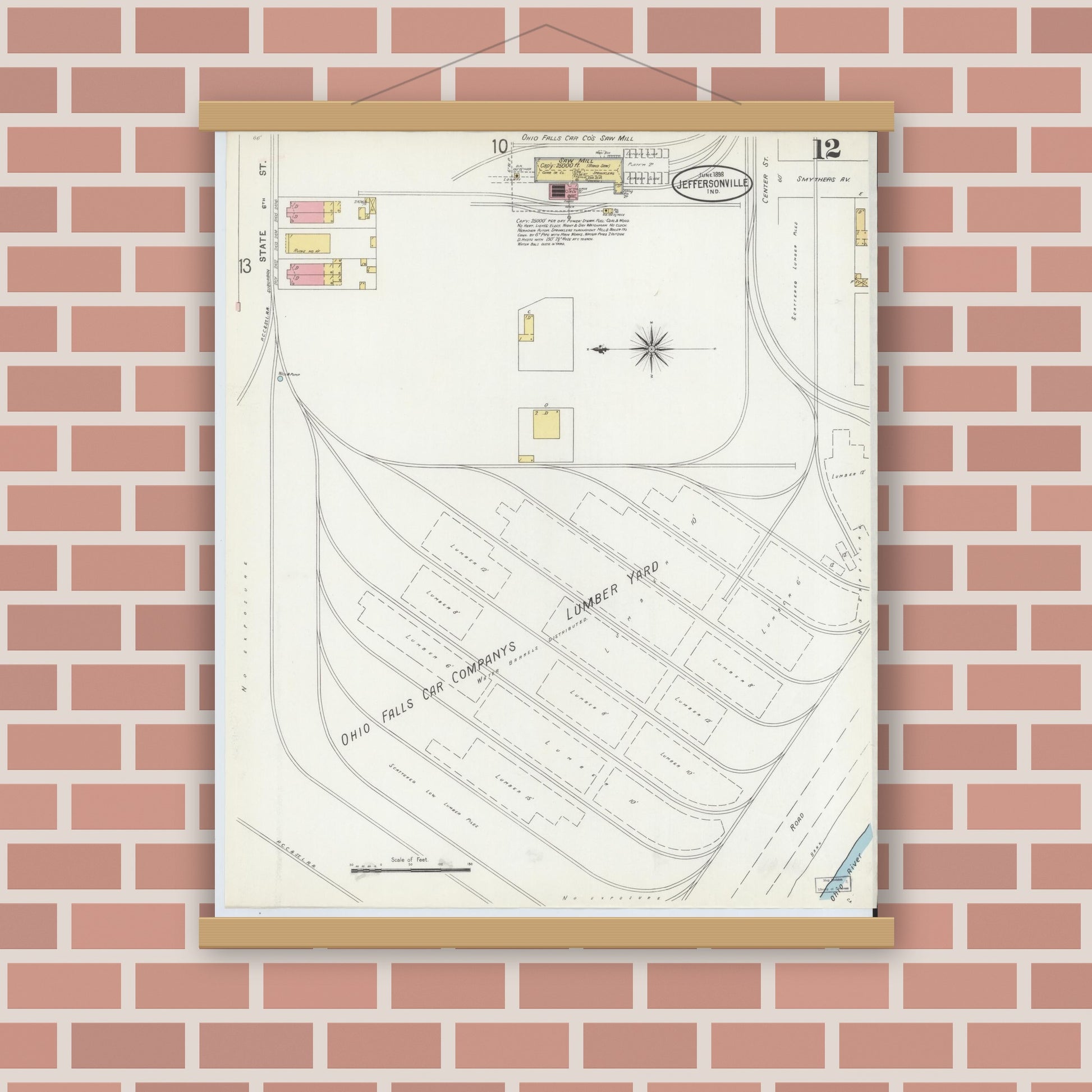 Old map wall art mockup — magnetic wood frame on brick wall — Sanborn Fire Insurance Map from Jeffersonville, Clark County, Indiana (1898), Sheet #0012