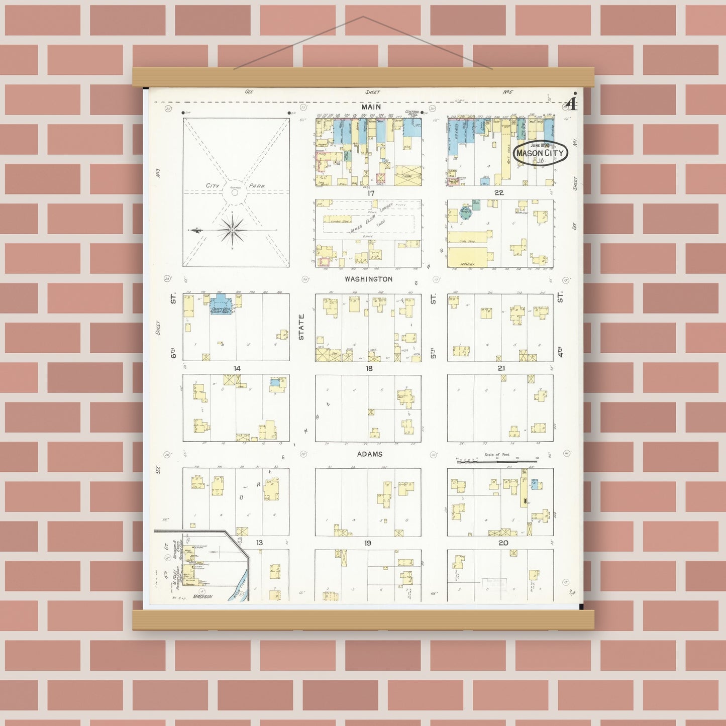 Old map wall art mockup — magnetic wood frame on brick wall — Sanborn Fire Insurance Map from Mason City, Cerro Gordo County, Iowa (1892), Sheet #0004