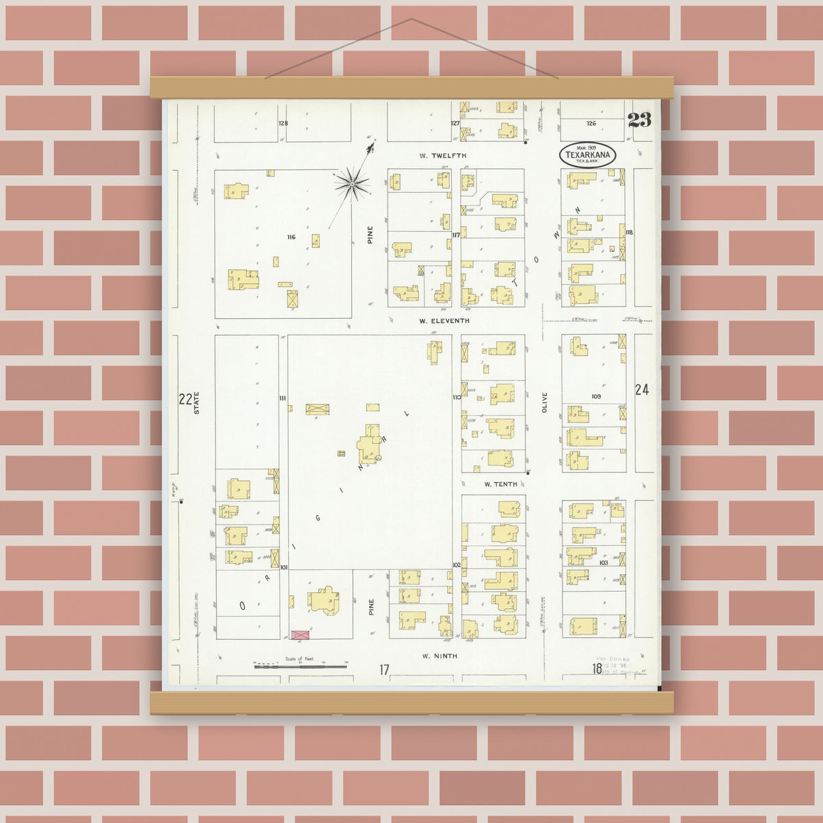 Old map wall art mockup — magnetic wood frame on brick wall — Sanborn Fire Insurance Map from Texarkana, Bowie County, Texas (1909), Sheet #0023