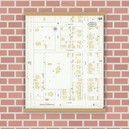 Old map wall art mockup — magnetic wood frame on brick wall — Sanborn Fire Insurance Map from Texarkana, Bowie County, Texas (1909), Sheet #0023