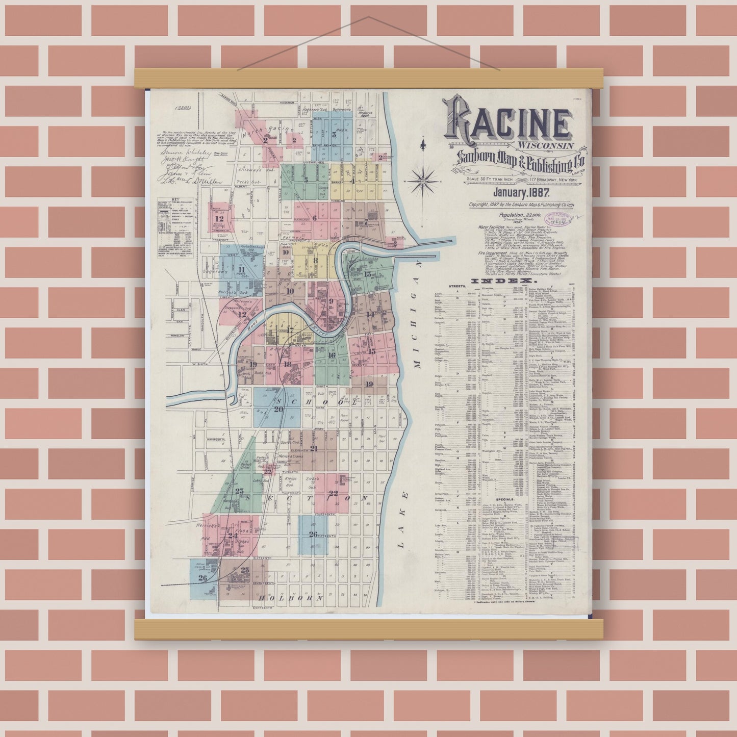 Old map wall art mockup — magnetic wood frame on brick wall — Sanborn Fire Insurance Map from Racine, Racine County, Wisconsin (1887) - Complete Map Set