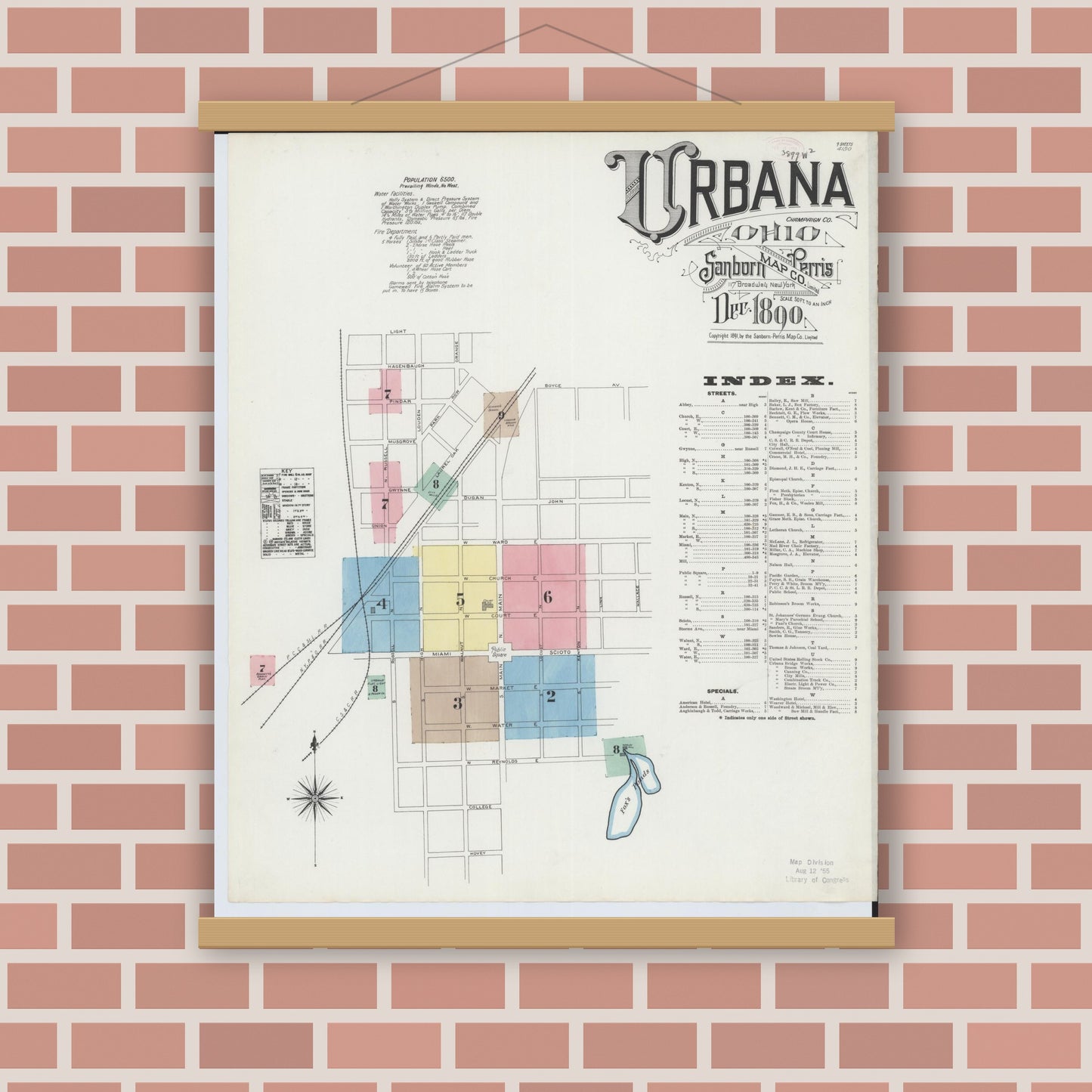 Old map wall art mockup — magnetic wood frame on brick wall — Sanborn Fire Insurance Map from Urbana, Champaign County, Ohio (1890) - Complete Map Set