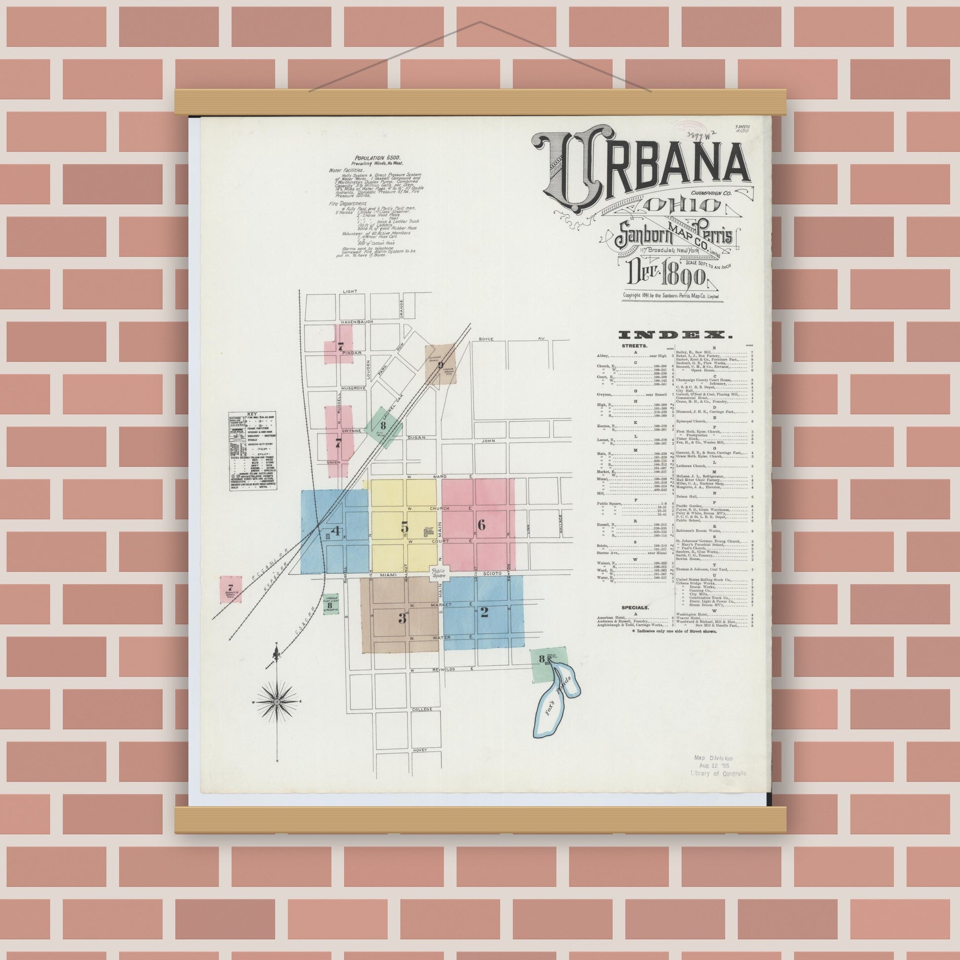 Old map wall art mockup — magnetic wood frame on brick wall — Sanborn Fire Insurance Map from Urbana, Champaign County, Ohio (1890) - Complete Map Set