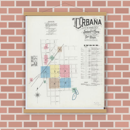 Old map wall art mockup — magnetic wood frame on brick wall — Sanborn Fire Insurance Map from Urbana, Champaign County, Ohio (1890) - Complete Map Set