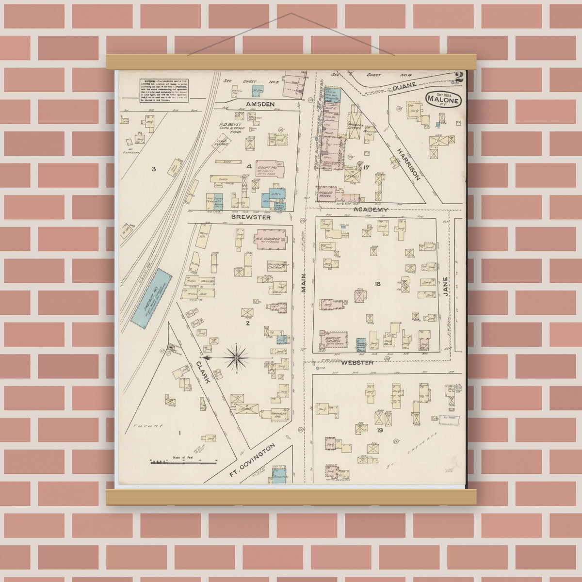 Old map wall art mockup — magnetic wood frame on brick wall — Sanborn Fire Insurance Map from Malone, Franklin County, New York (1884), Sheet #0002