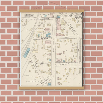 Old map wall art mockup — magnetic wood frame on brick wall — Sanborn Fire Insurance Map from Malone, Franklin County, New York (1884), Sheet #0002