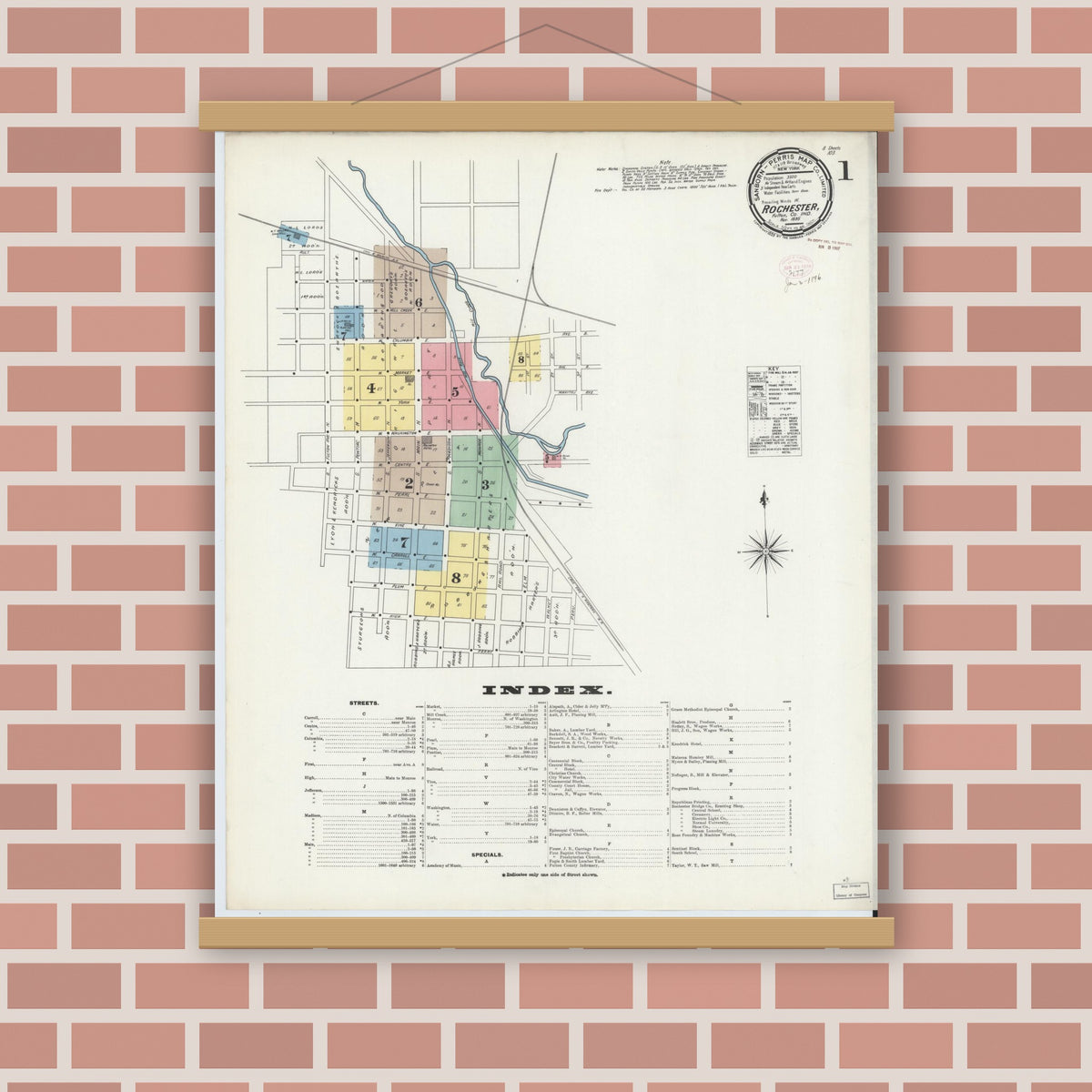 Old map wall art mockup — magnetic wood frame on brick wall — Sanborn Fire Insurance Map from Rochester, Fulton County, Indiana (1895) - Complete Map Set