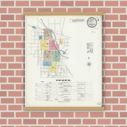 Old map wall art mockup — magnetic wood frame on brick wall — Sanborn Fire Insurance Map from Rochester, Fulton County, Indiana (1895) - Complete Map Set