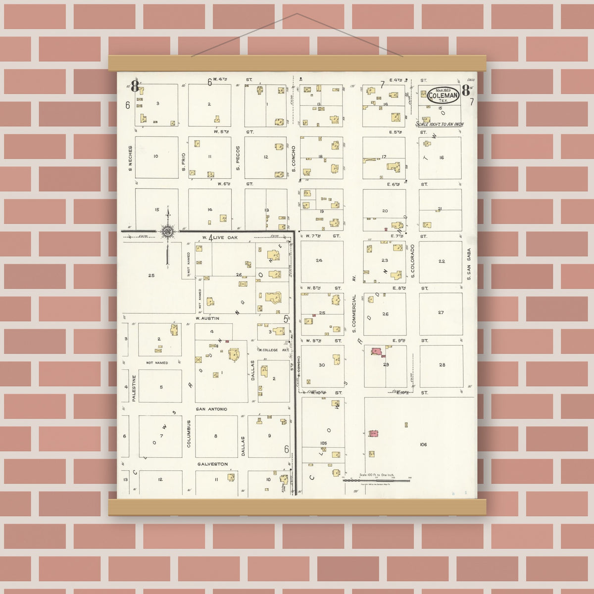Old map wall art mockup — magnetic wood frame on brick wall — Sanborn Fire Insurance Map from Coleman, Coleman County, Texas (1923), Sheet #0008