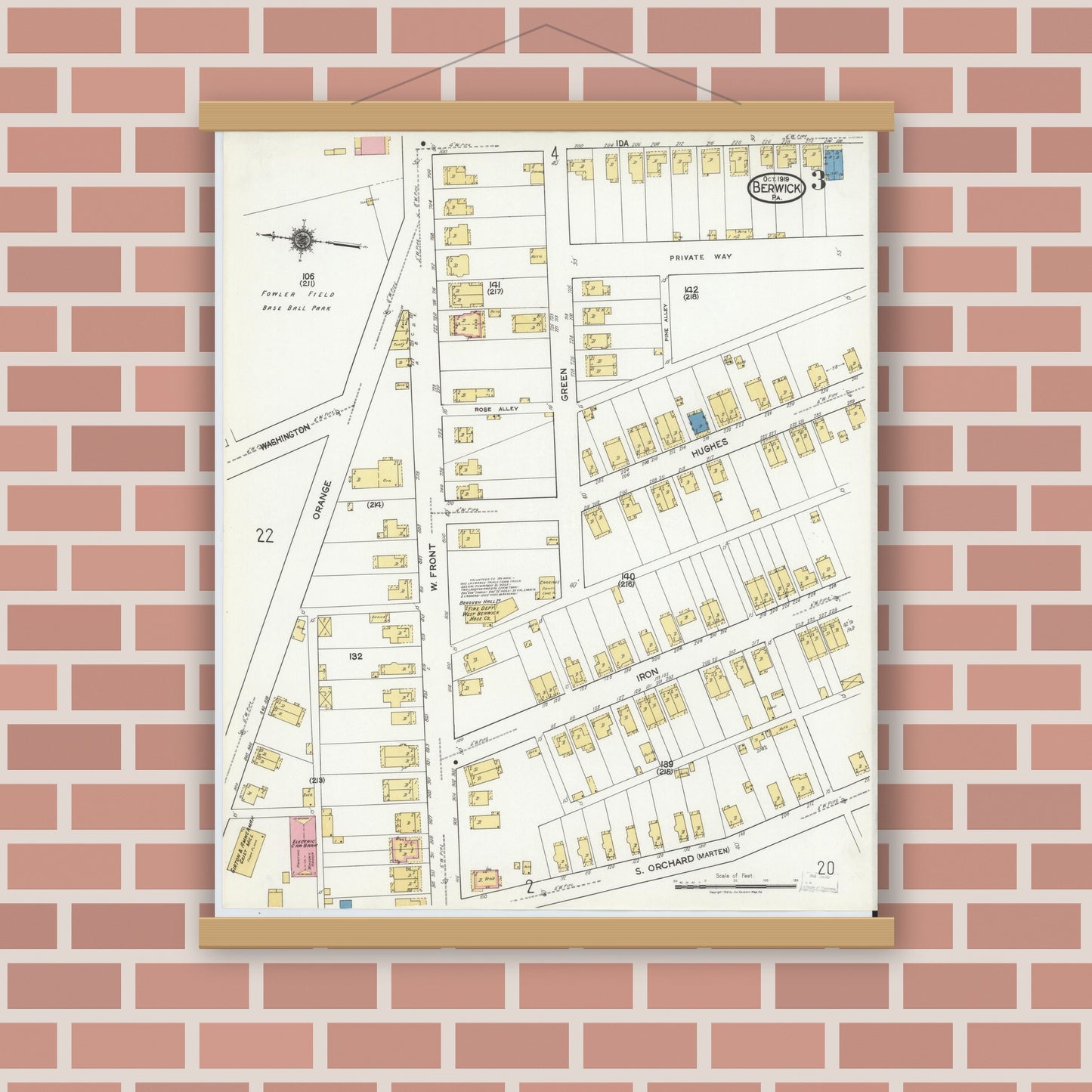 Old map wall art mockup — magnetic wood frame on brick wall — Sanborn Fire Insurance Map from Berwick, Columbia County, Pennsylvania (1918), Sheet #0003