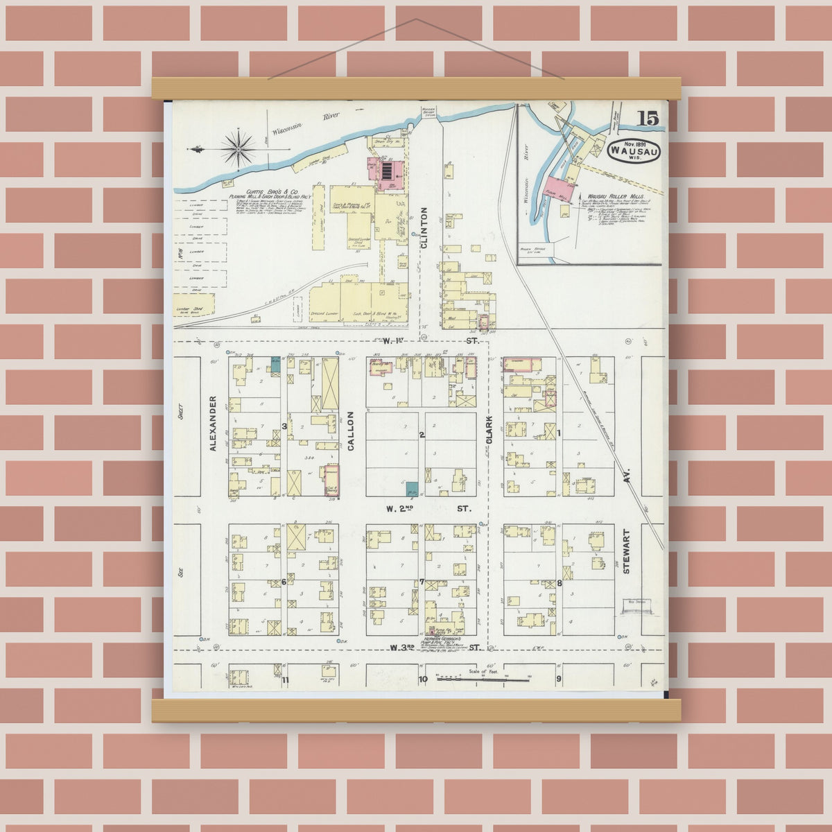 Old map wall art mockup — magnetic wood frame on brick wall — Sanborn Fire Insurance Map from Wausau, Marathon County, Wisconsin (1891), Sheet #0015