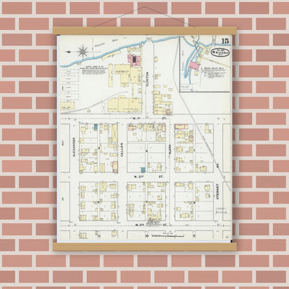Old map wall art mockup — magnetic wood frame on brick wall — Sanborn Fire Insurance Map from Wausau, Marathon County, Wisconsin (1891), Sheet #0015