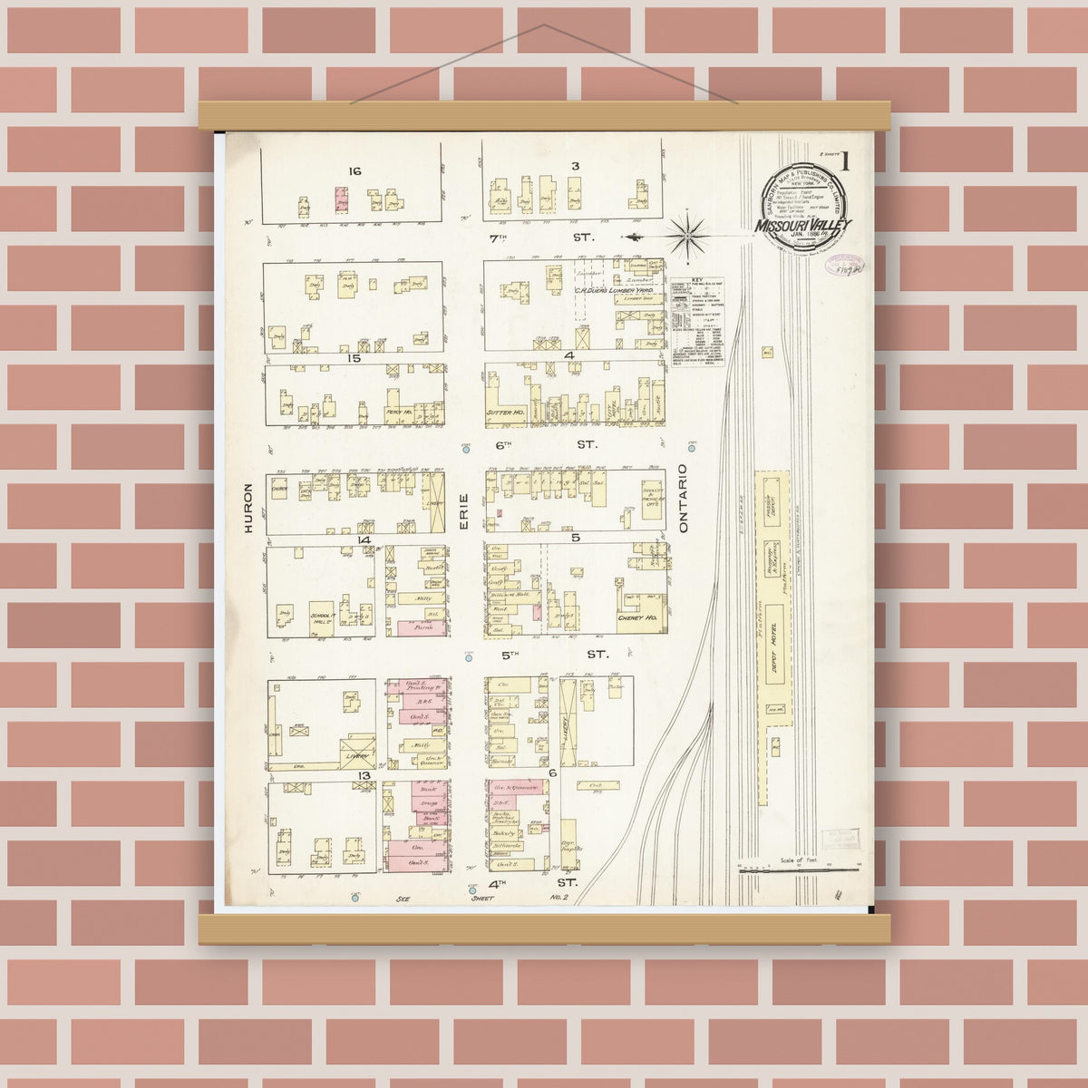 Old map wall art mockup — magnetic wood frame on brick wall — Sanborn Fire Insurance Map from Missouri Valley, Harrison County, Iowa (1886), Sheet #0001
