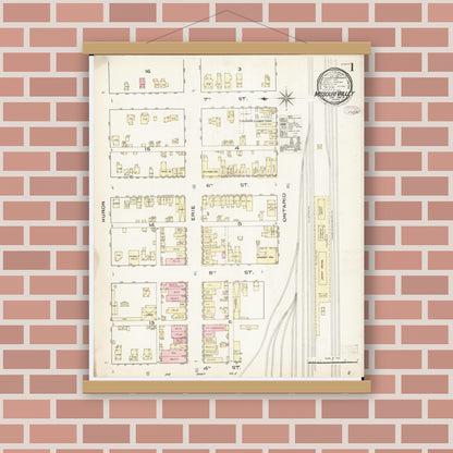 Old map wall art mockup — magnetic wood frame on brick wall — Sanborn Fire Insurance Map from Missouri Valley, Harrison County, Iowa (1886), Sheet #0001