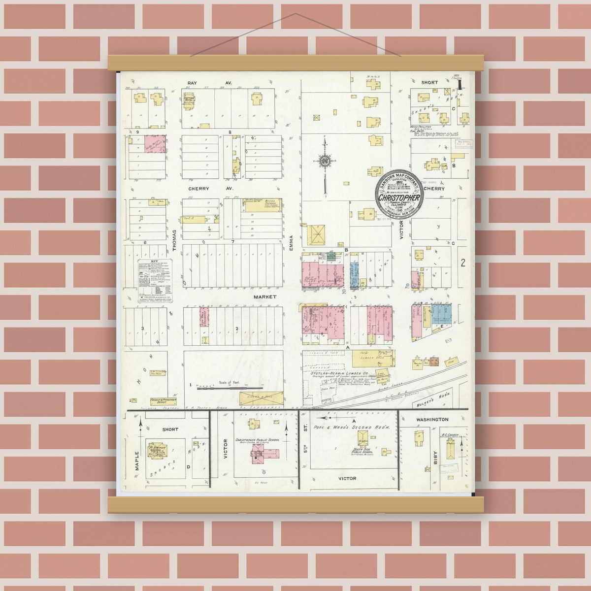 Old map wall art mockup — magnetic wood frame on brick wall — Sanborn Fire Insurance Map from Christopher, Franklin County, Illinois (1910), Sheet #0001