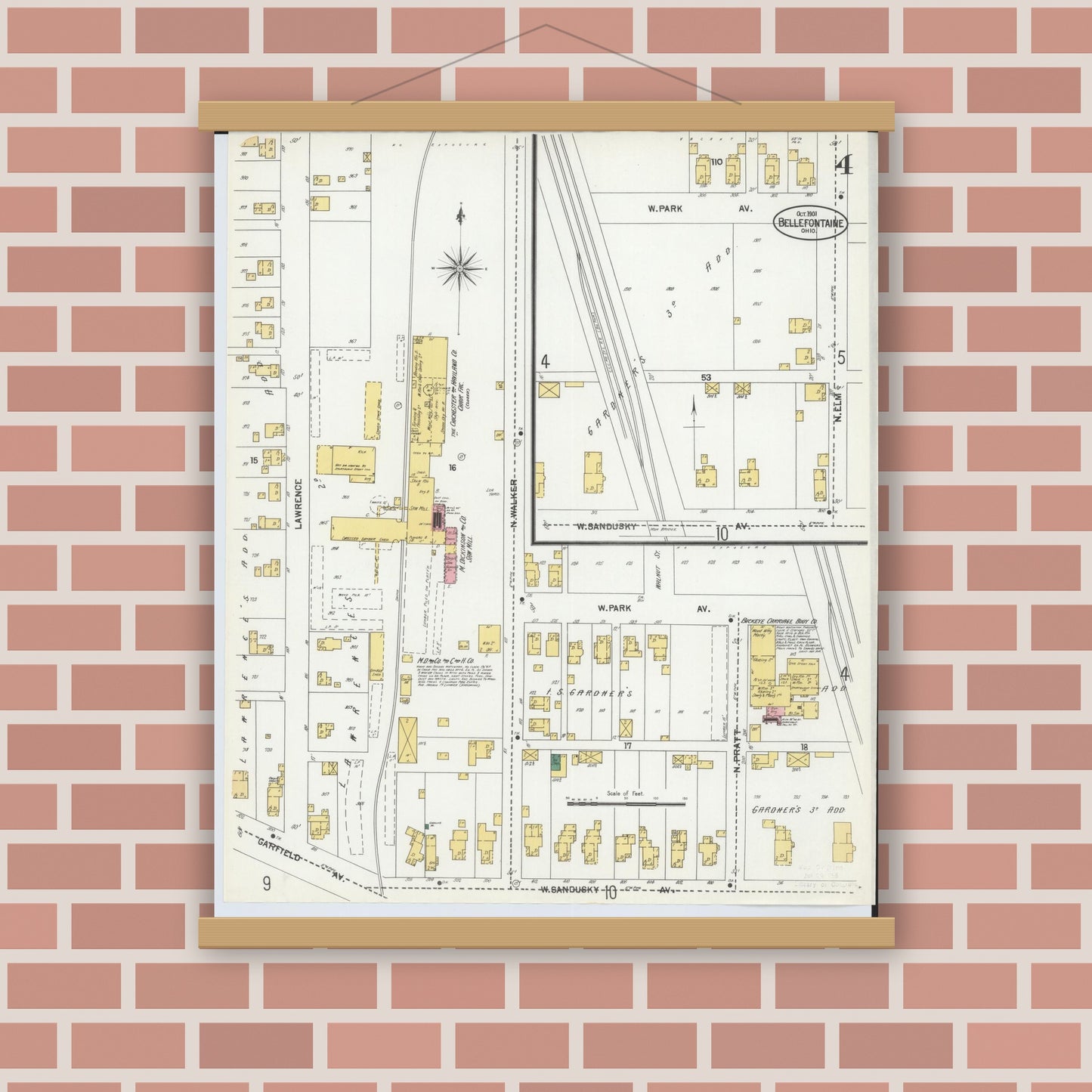 Old map wall art mockup — magnetic wood frame on brick wall — Sanborn Fire Insurance Map from Bellefontaine, Logan County, Ohio (1901), Sheet #0004