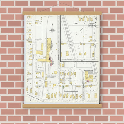 Old map wall art mockup — magnetic wood frame on brick wall — Sanborn Fire Insurance Map from Bellefontaine, Logan County, Ohio (1901), Sheet #0004