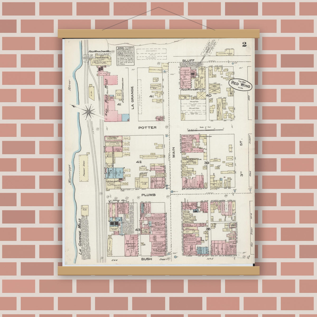 Old map wall art mockup — magnetic wood frame on brick wall — Sanborn Fire Insurance Map from Red Wing, Goodhue County, Minnesota (1884), Sheet #0002