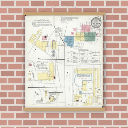 Old map wall art mockup — magnetic wood frame on brick wall — Sanborn Fire Insurance Map from Sikeston, Scott County, Missouri (1910), Sheet #0001