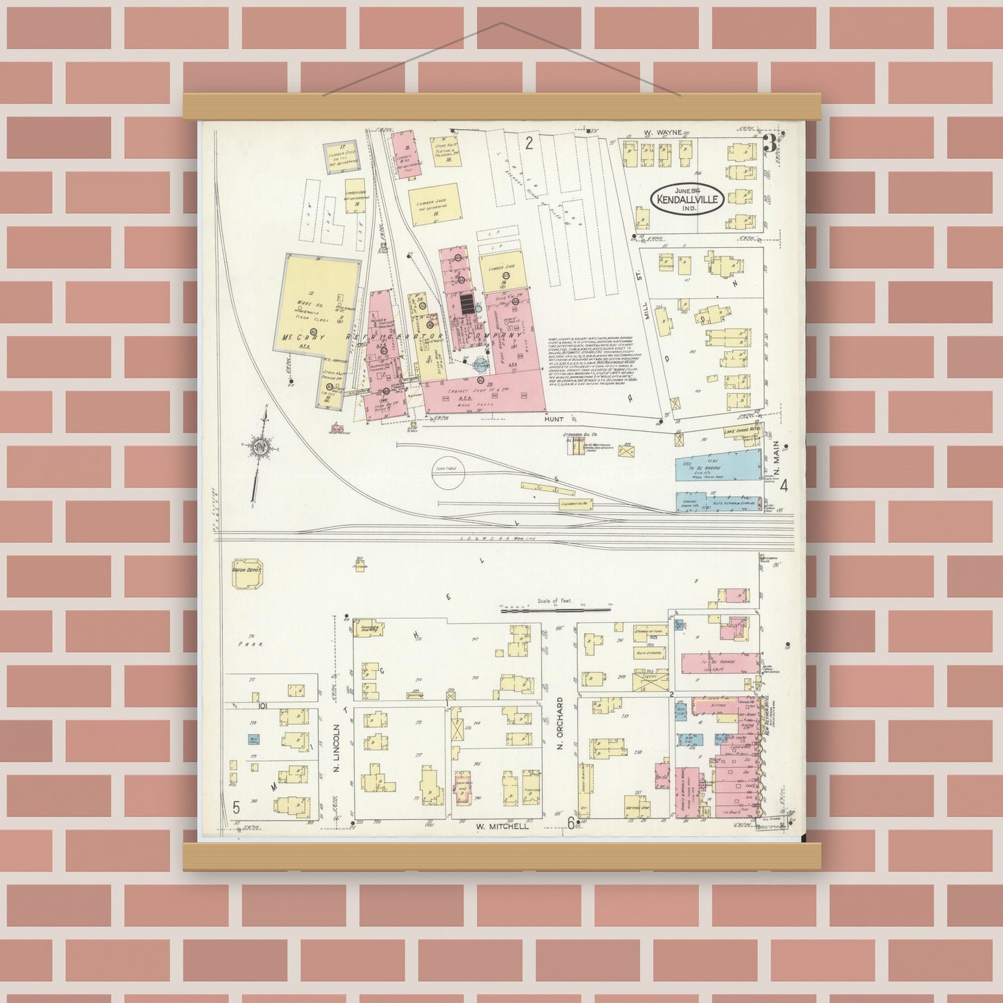 Old map wall art mockup — magnetic wood frame on brick wall — Sanborn Fire Insurance Map from Kendallville, Noble County, Indiana (1914), Sheet #0003