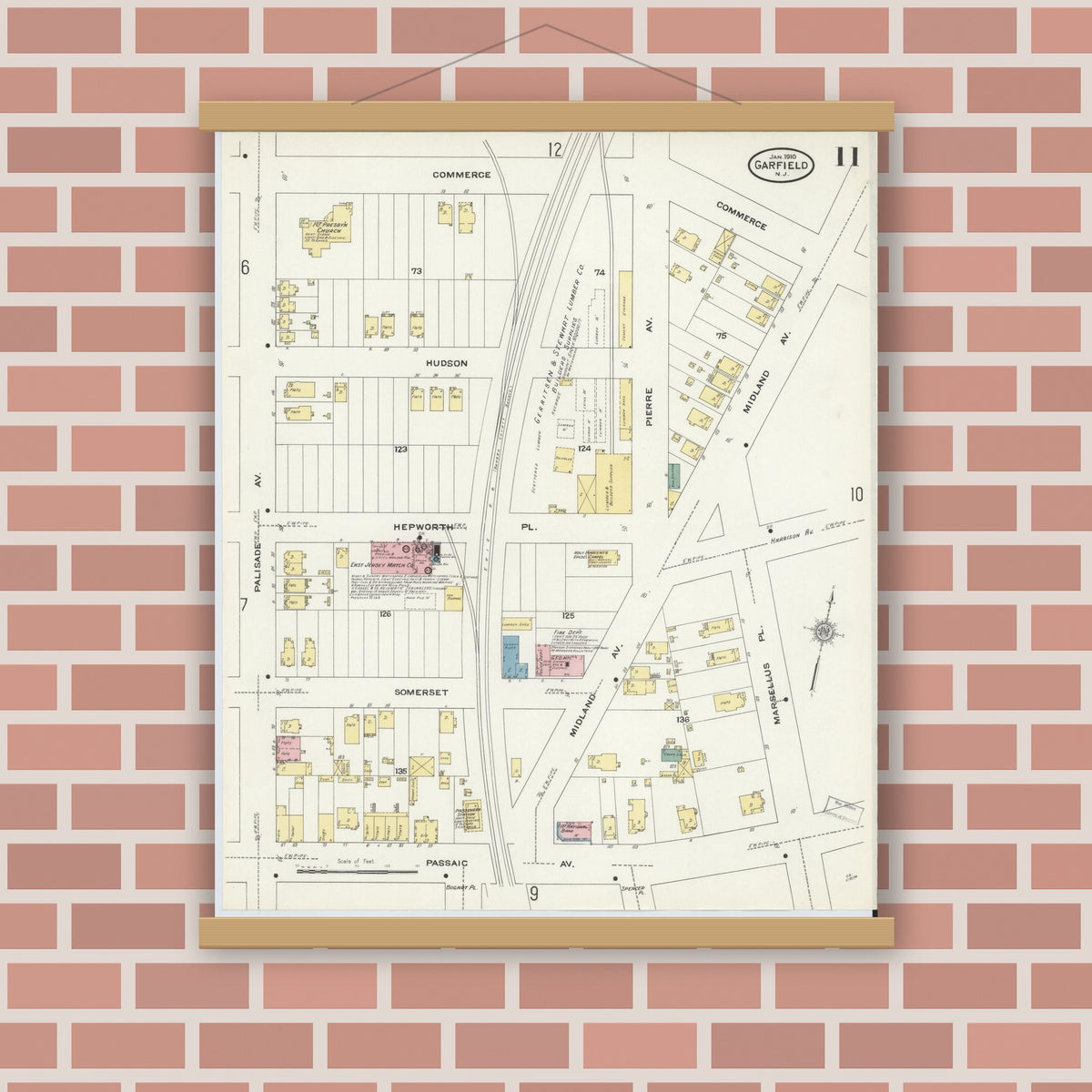 Old map wall art mockup — magnetic wood frame on brick wall — Sanborn Fire Insurance Map from Garfield, Bergen County, New Jersey (1910), Sheet #0011