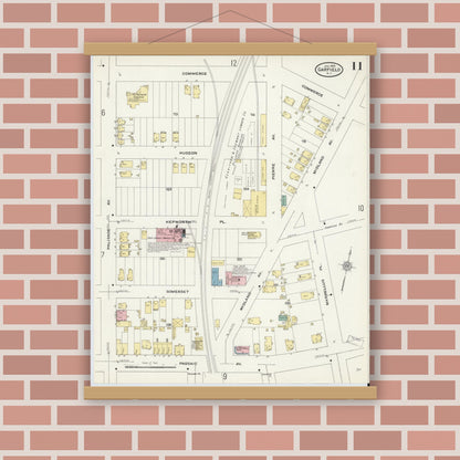 Old map wall art mockup — magnetic wood frame on brick wall — Sanborn Fire Insurance Map from Garfield, Bergen County, New Jersey (1910), Sheet #0011