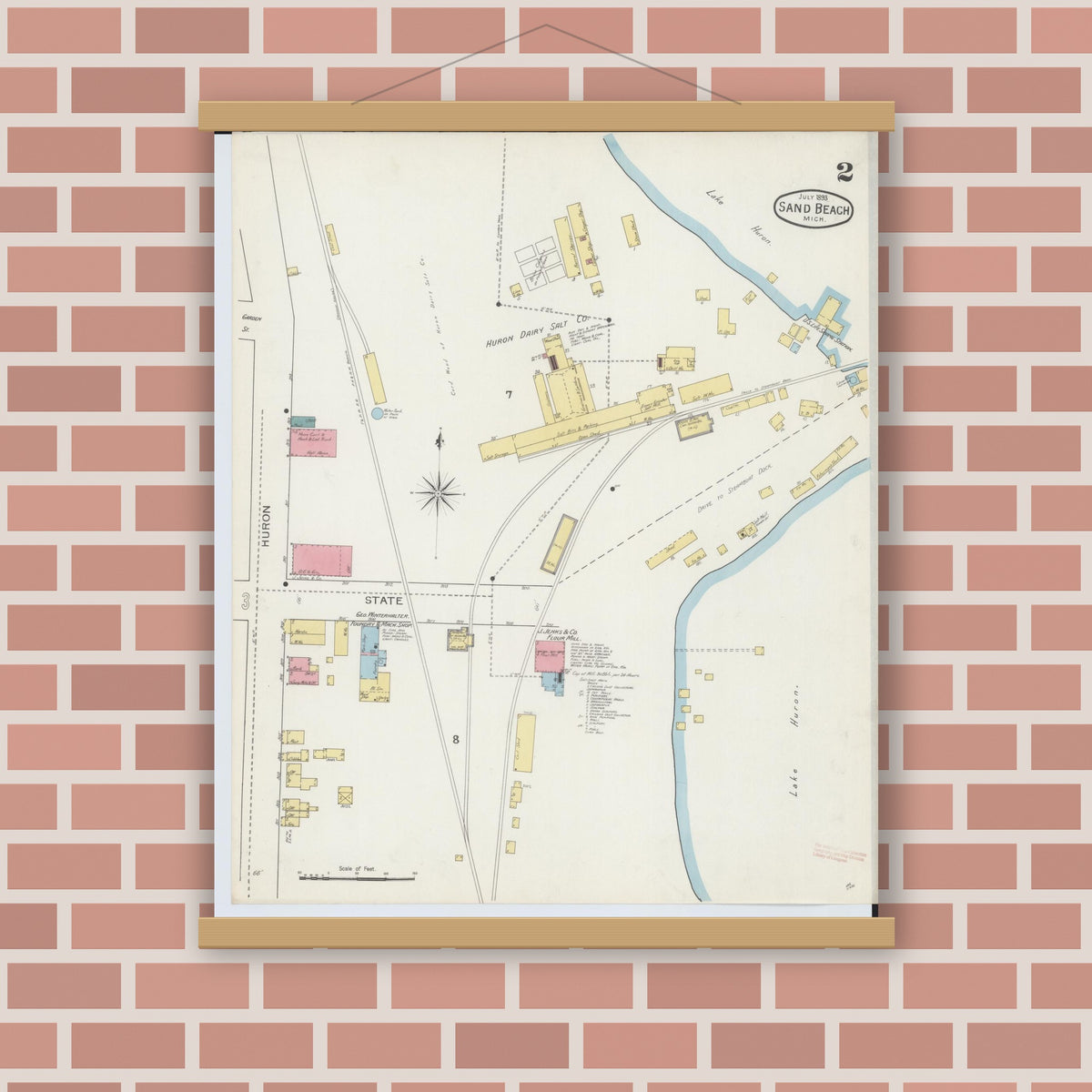 Old map wall art mockup — magnetic wood frame on brick wall — Sanborn Fire Insurance Map from Sand Beach, Huron County, Michigan (1893), Sheet #0002