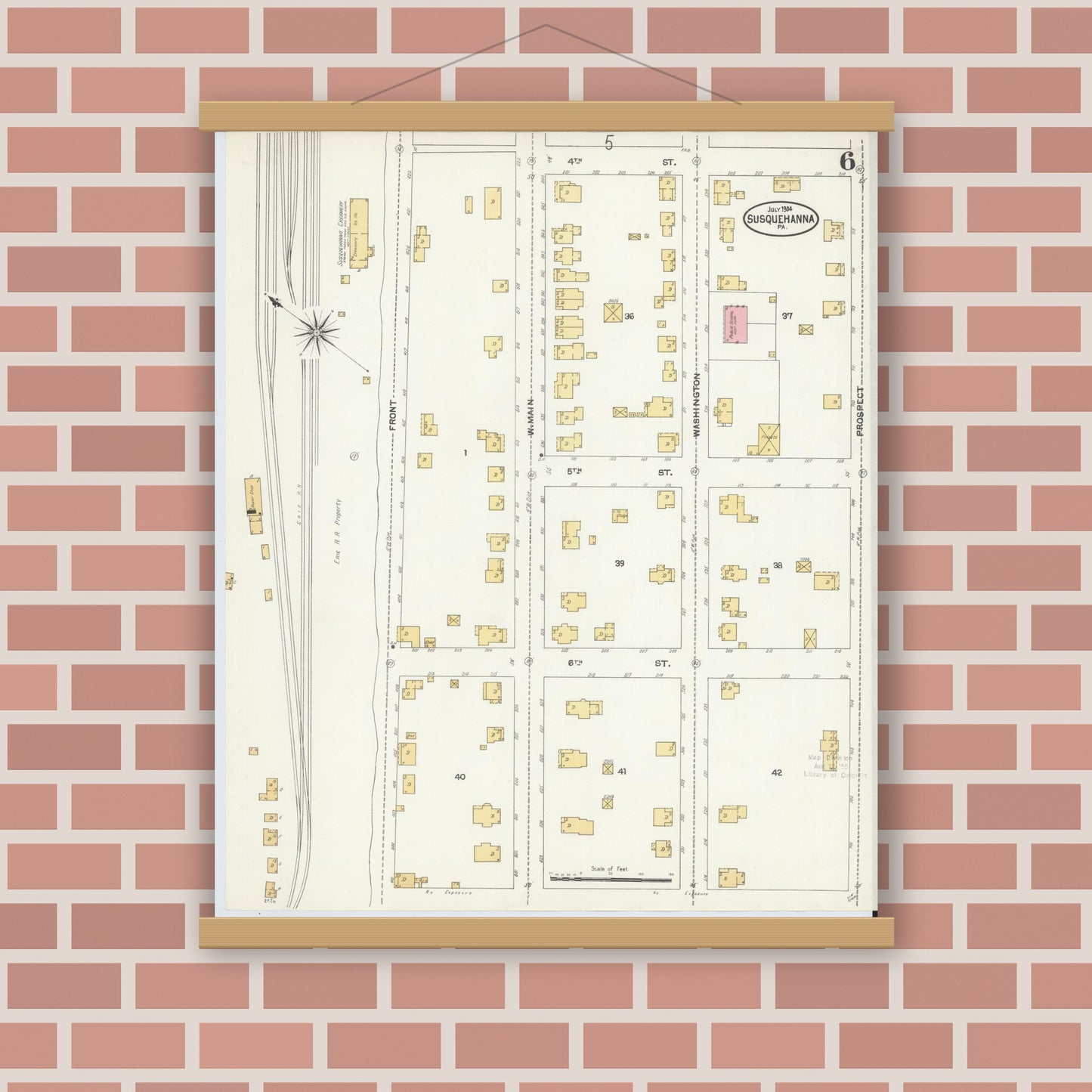 Old map wall art mockup — magnetic wood frame on brick wall — Sanborn Fire Insurance Map from Susquehanna, Susquehanna County, Pennsylvania (1904), Sheet #0006