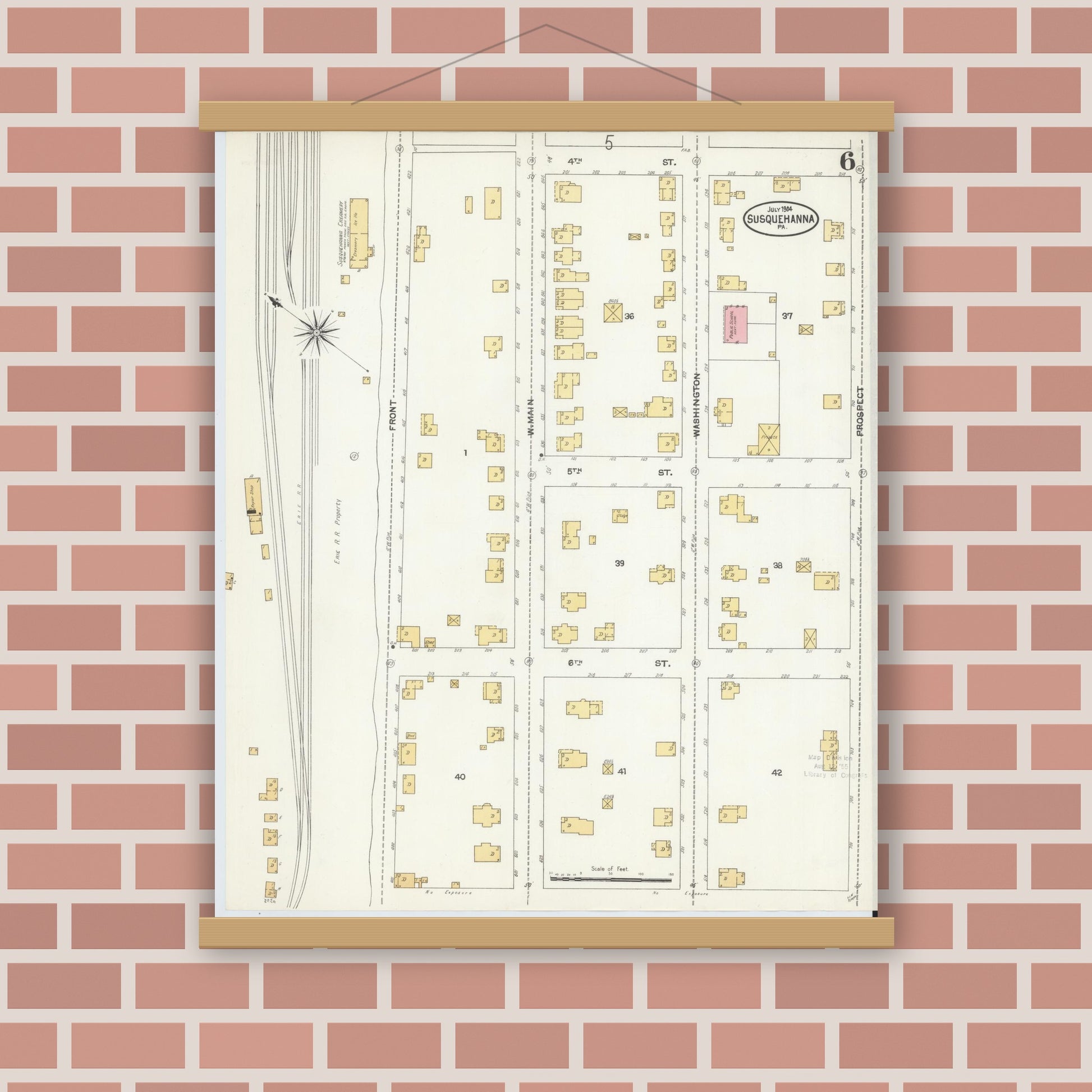 Old map wall art mockup — magnetic wood frame on brick wall — Sanborn Fire Insurance Map from Susquehanna, Susquehanna County, Pennsylvania (1904), Sheet #0006