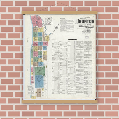 Old map wall art mockup — magnetic wood frame on brick wall — Sanborn Fire Insurance Map from Ironton, Lawrence County, Ohio (1916), Sheet #0001