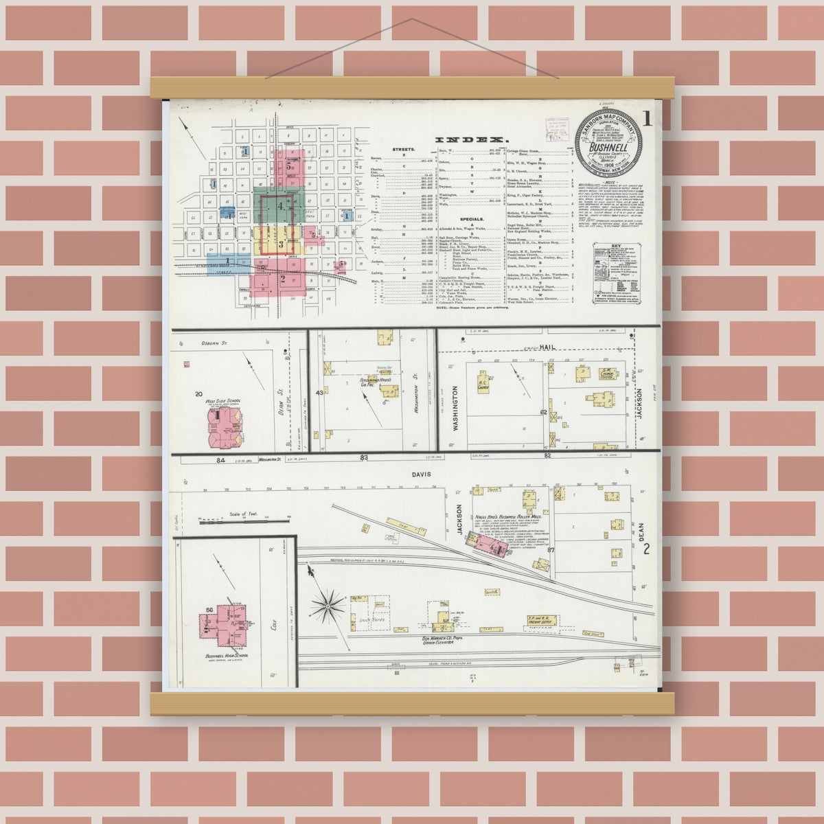 Old map wall art mockup — magnetic wood frame on brick wall — Sanborn Fire Insurance Map from Bushnell, Mcdonough County, Illinois (1906) - Complete Map Set