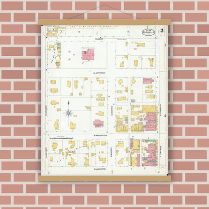 Old map wall art mockup — magnetic wood frame on brick wall — Sanborn Fire Insurance Map from Rushville, Schuyler County, Illinois (1900), Sheet #0003