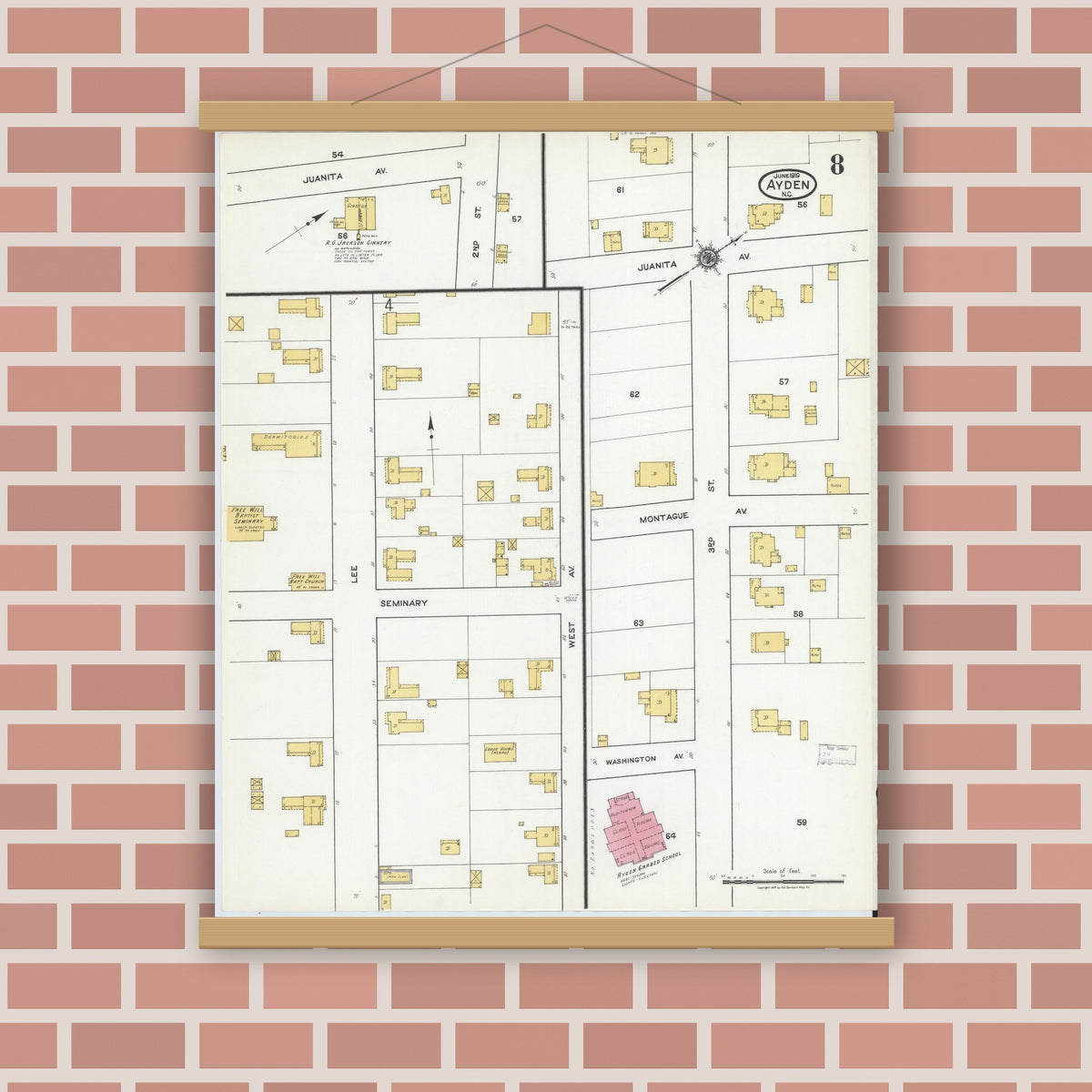 Old map wall art mockup — magnetic wood frame on brick wall — Sanborn Fire Insurance Map from Ayden, Pitt County, North Carolina (1919), Sheet #0008