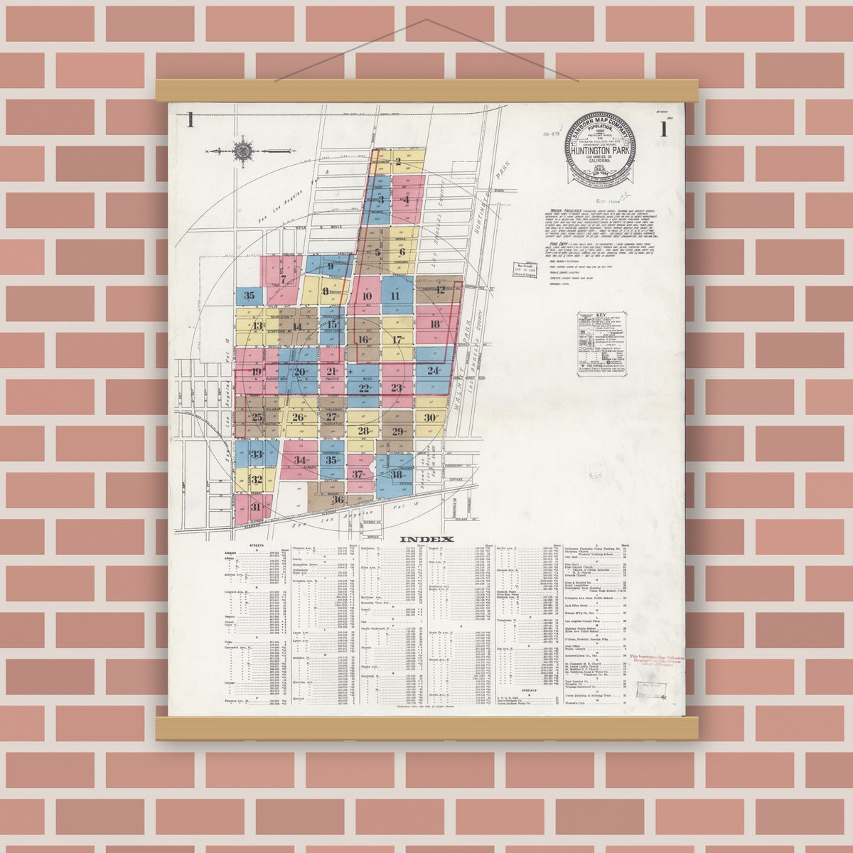Old map wall art mockup — magnetic wood frame on brick wall — Sanborn Fire Insurance Map from Huntington Park, Los Angeles County, California (1924) - Complete Map Set