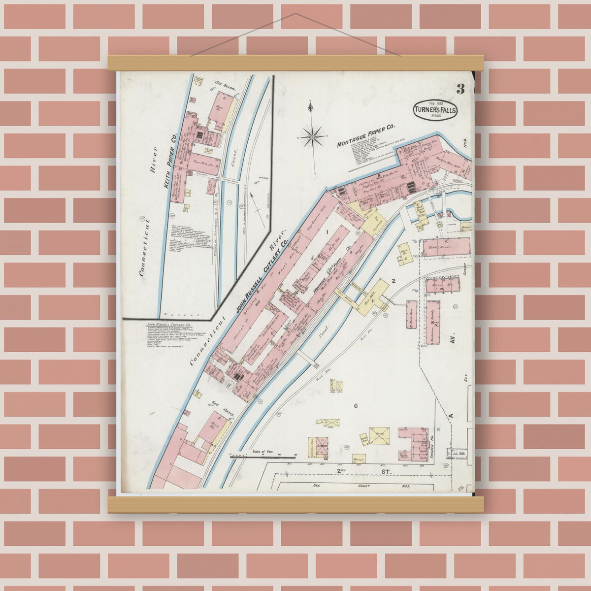 Old map wall art mockup — magnetic wood frame on brick wall — Sanborn Fire Insurance Map from Turners Falls, Franklin County, Massachusetts (1889), Sheet #0003