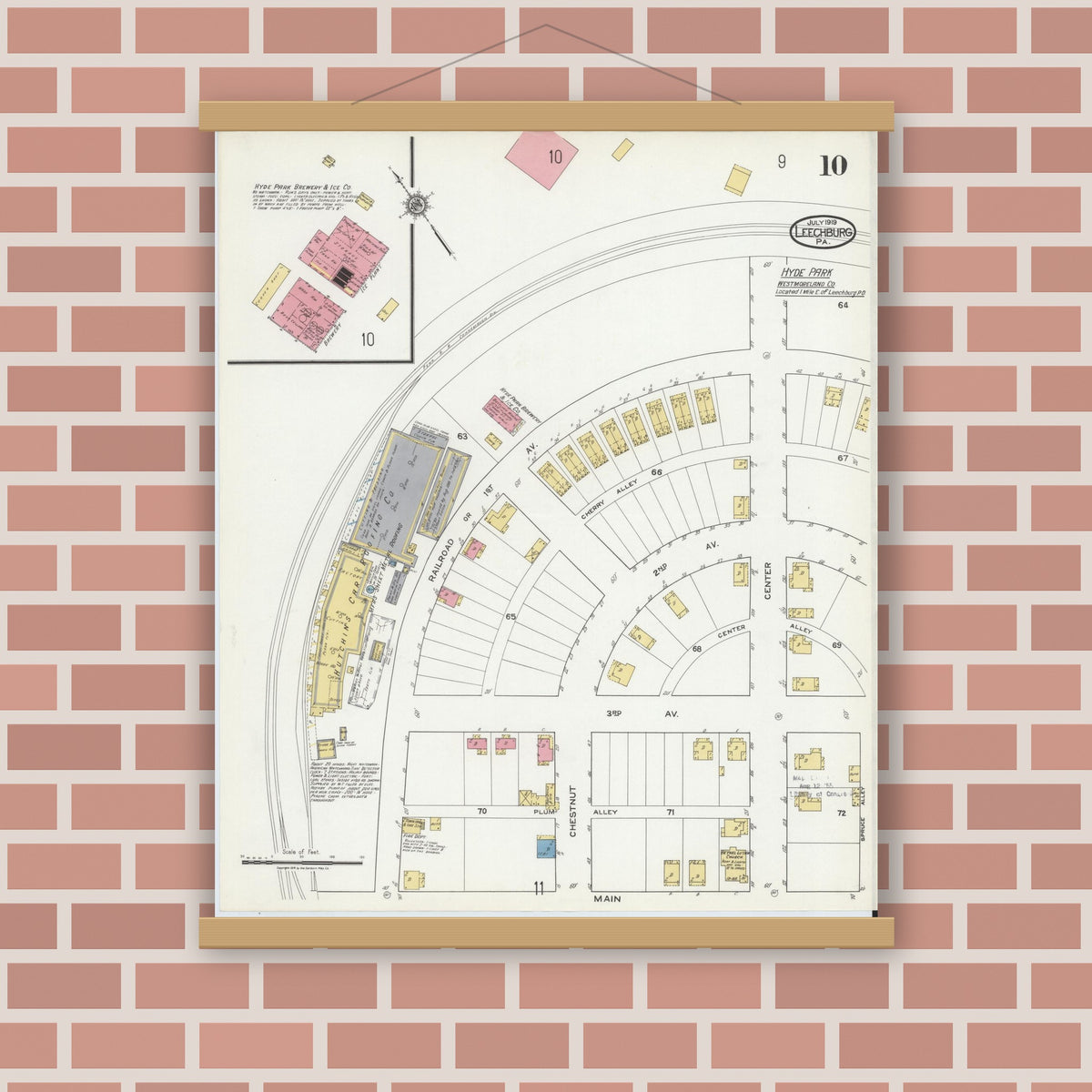Old map wall art mockup — magnetic wood frame on brick wall — Sanborn Fire Insurance Map from Leechburg, Armstrong County, Pennsylvania (1919), Sheet #0010