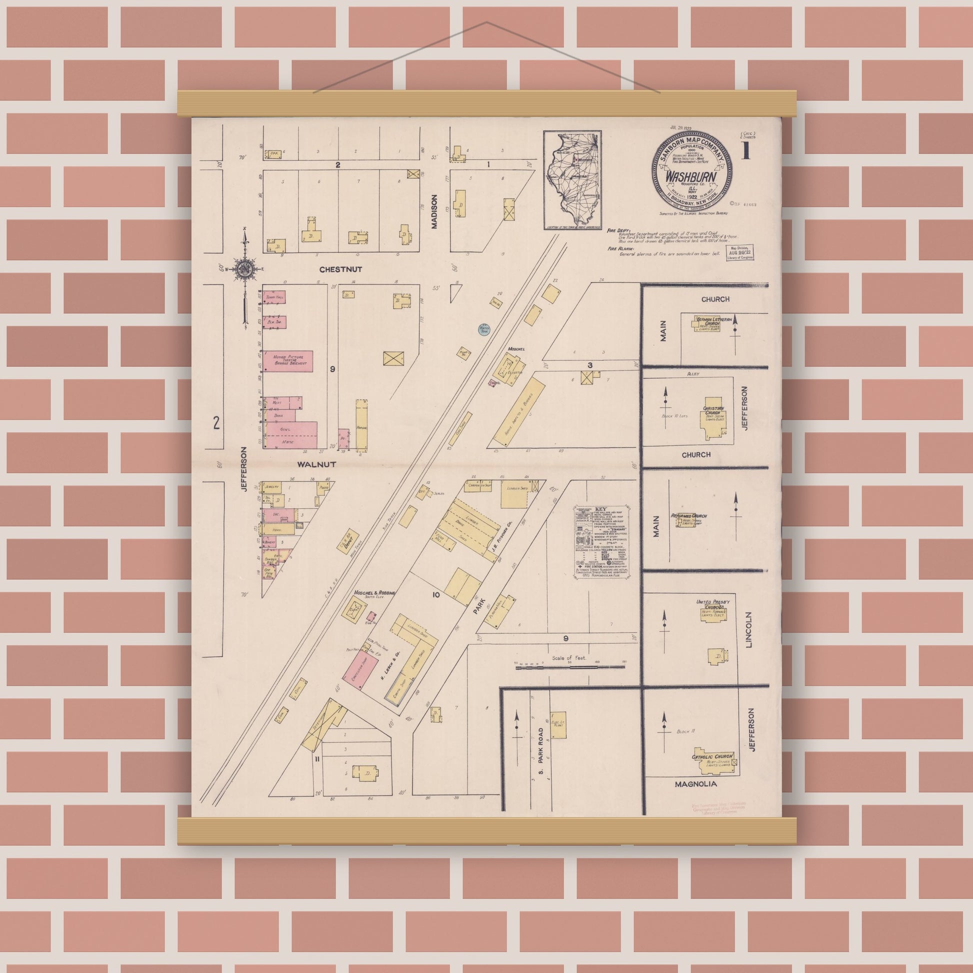 Old map wall art mockup — magnetic wood frame on brick wall — Sanborn Fire Insurance Map from Washburn, Woodford County, Illinois (1922) - Complete Map Set