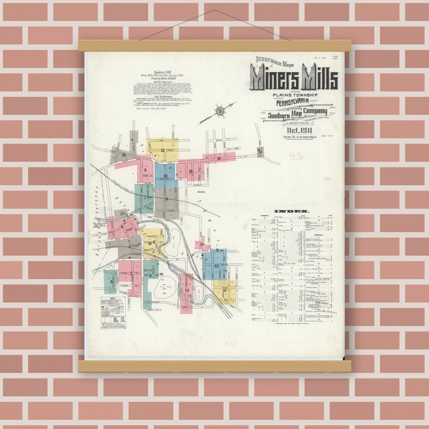 Old map wall art mockup — magnetic wood frame on brick wall — Sanborn Fire Insurance Map from Miners Mills, Luzerne County, Pennsylvania (1911) - Complete Map Set