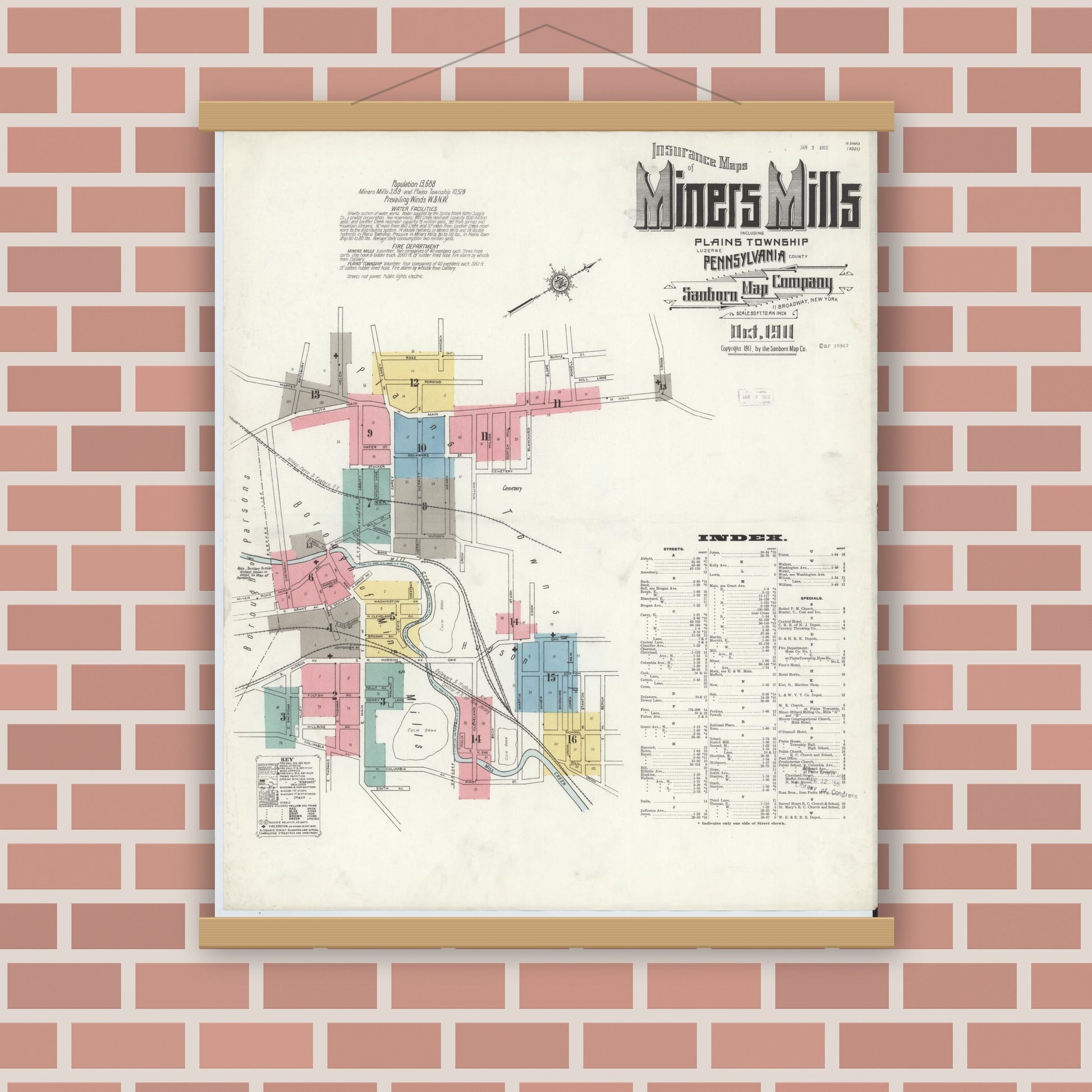 Old map wall art mockup — magnetic wood frame on brick wall — Sanborn Fire Insurance Map from Miners Mills, Luzerne County, Pennsylvania (1911) - Complete Map Set