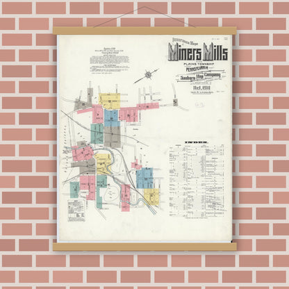 Old map wall art mockup — magnetic wood frame on brick wall — Sanborn Fire Insurance Map from Miners Mills, Luzerne County, Pennsylvania (1911) - Complete Map Set