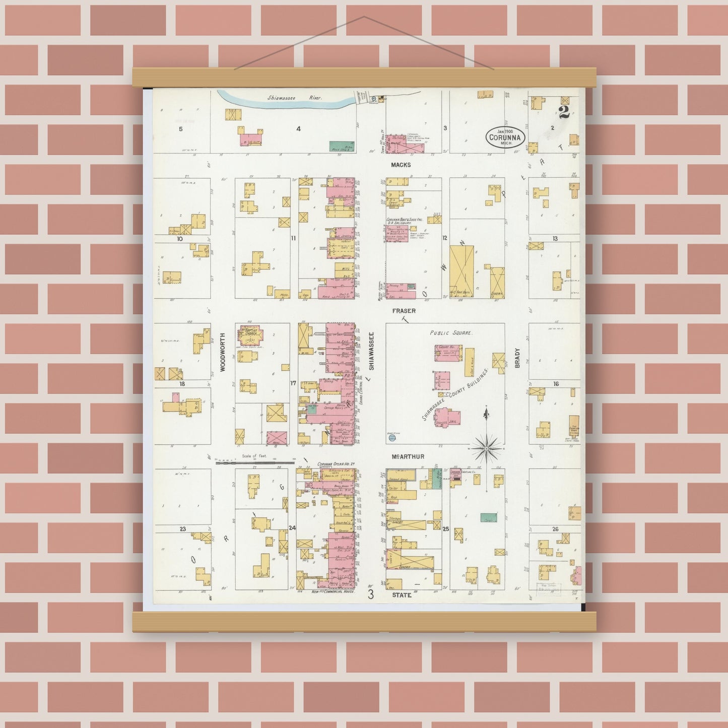 Old map wall art mockup — magnetic wood frame on brick wall — Sanborn Fire Insurance Map from Corunna, Shiawassee County, Michigan (1900), Sheet #0002