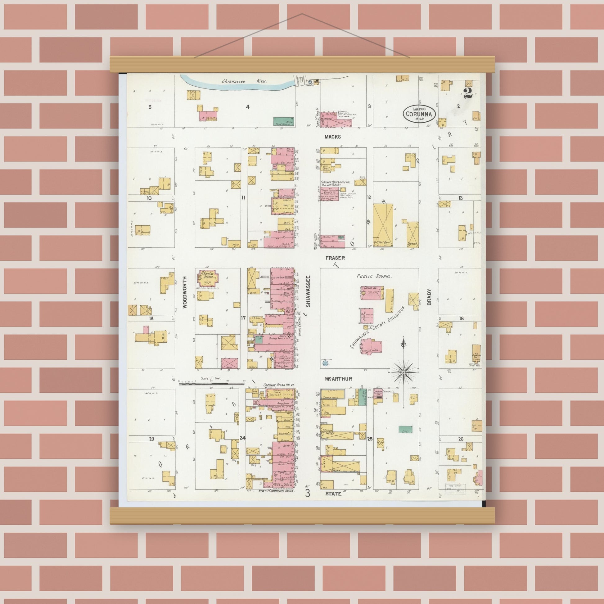 Old map wall art mockup — magnetic wood frame on brick wall — Sanborn Fire Insurance Map from Corunna, Shiawassee County, Michigan (1900), Sheet #0002