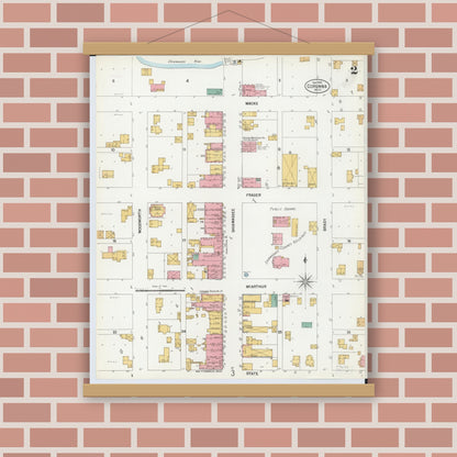 Old map wall art mockup — magnetic wood frame on brick wall — Sanborn Fire Insurance Map from Corunna, Shiawassee County, Michigan (1900), Sheet #0002